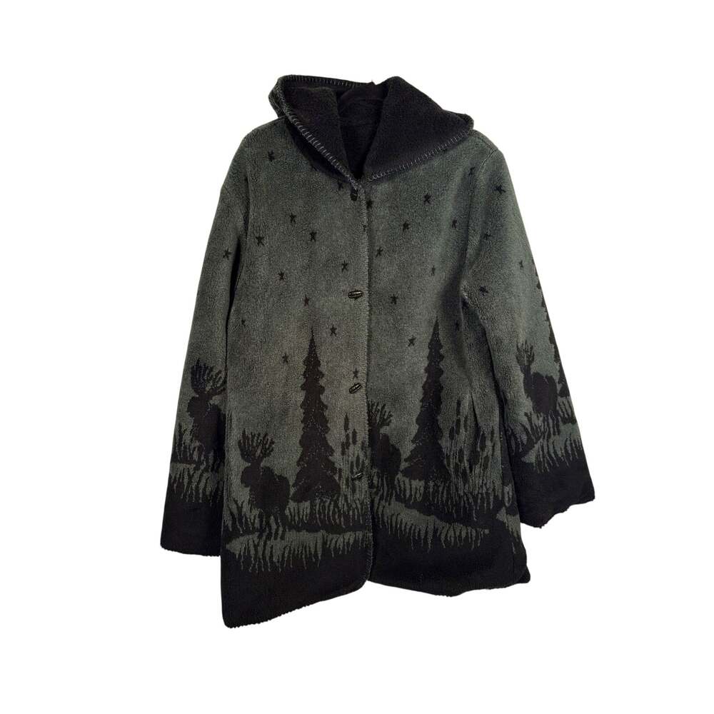 Alpine Studio Fleece Jacket Womens Large Green Black Reversible Hooded Moose